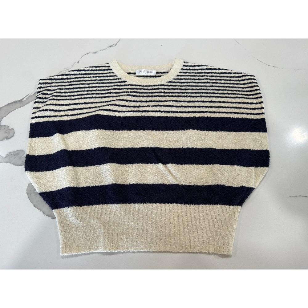 Vestique Striped Dolman Knit Sweater Cream Navy Blue Womens Small